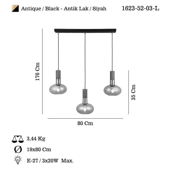 Fontas 3lü Antik Lak Sıralı Avize, 3 X E27
