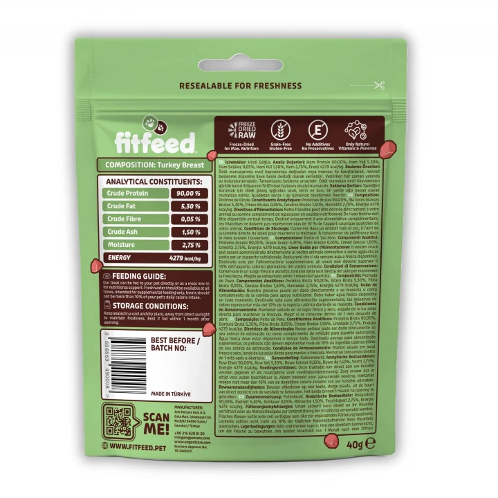 Freeze-Dried Çiğ Hindi Göğüs Kedi Ödül Maması 40g
