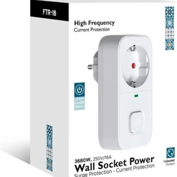 FTR-16 Akıllı Priz, 3680W, 250V/16A, Aşırı Akım Koruması, On/Off Düğmeli, Beyaz, Duvar Tipi