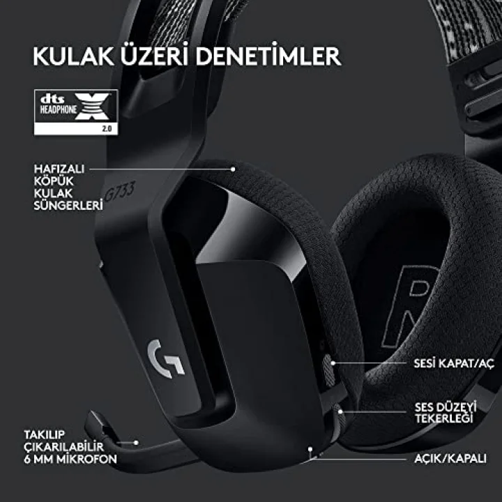 G733 LIGHTSPEED Kablosuz Kulak Üstü Oyuncu Kulaklığı, LIGHTSYNC RGB, Blue Voice Mikrofon, Askılı Kafa Bandı, PRO-G Ses Sürücüleri, 29 Saat Pil Ömrü, Siyah