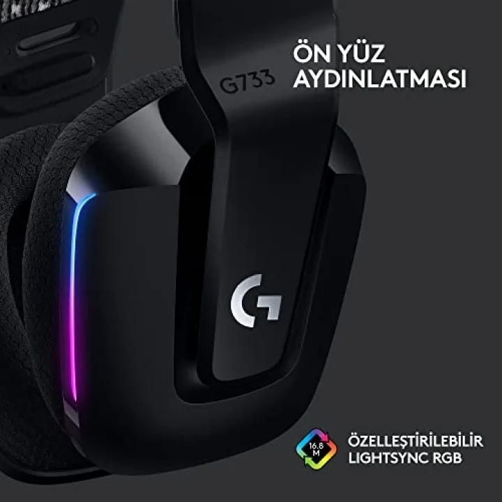 G733 LIGHTSPEED Kablosuz Kulak Üstü Oyuncu Kulaklığı, LIGHTSYNC RGB, Blue Voice Mikrofon, Askılı Kafa Bandı, PRO-G Ses Sürücüleri, 29 Saat Pil Ömrü, Siyah