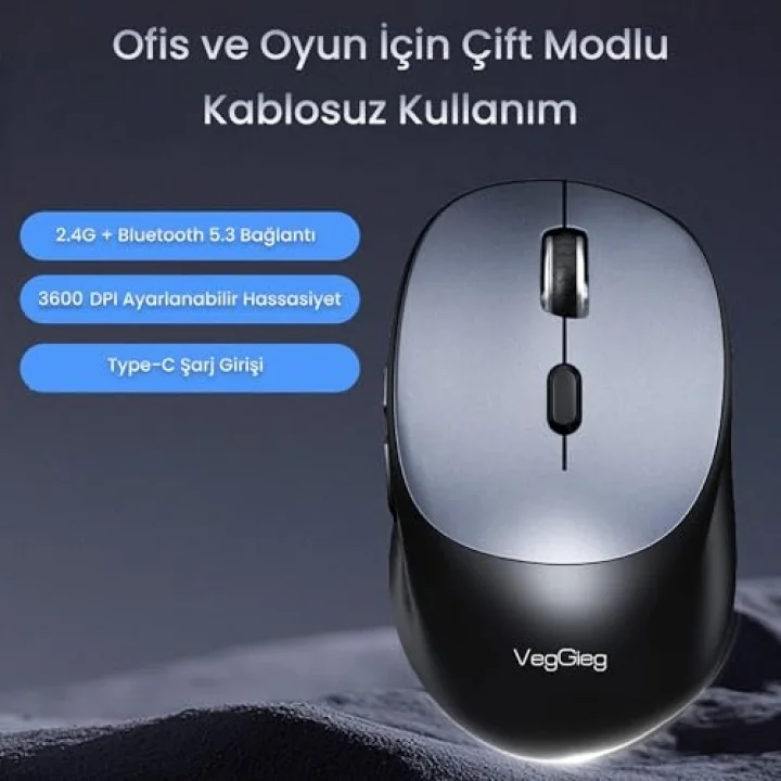 G880 Dual-Mode Bluetooth 5.3 ve 2.4GHz 3600DPI Optik Kablosuz Mouse Gri