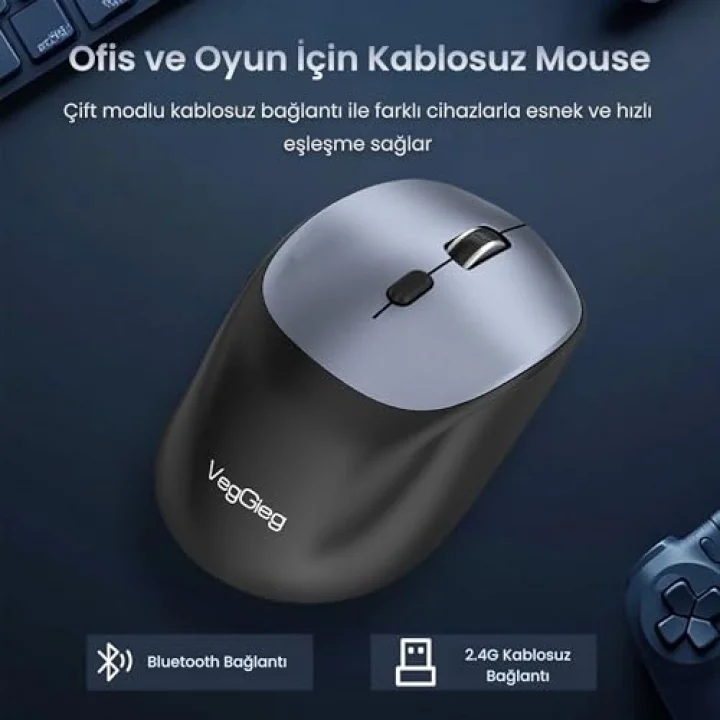 G880 Dual-Mode Bluetooth 5.3 ve 2.4GHz 3600DPI Optik Kablosuz Mouse Gri