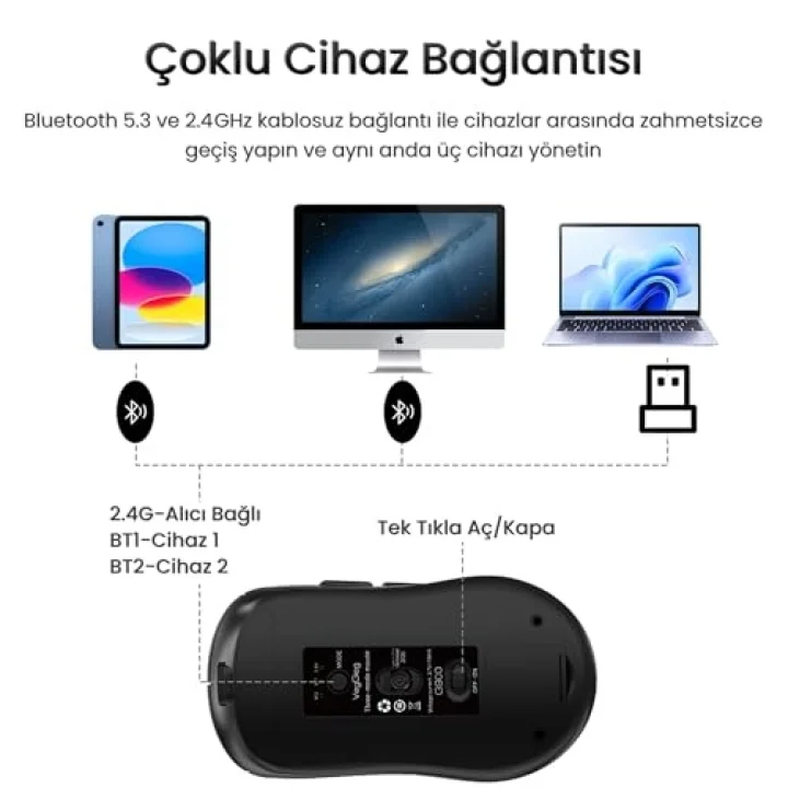 G900 Dual-Mode Bluetooth 5.3 ve 2.4GHz 3600DPI Ekranlı Şarjlı Optik Kablosuz Mouse Siyah