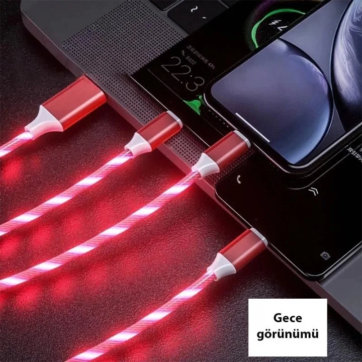 Ga22 i-Phone Lighting Hızlı Şarj Kablosu Matrix LED Işıklı Kablo 8 Pin 5V 3A 1 Metre Kırmızı