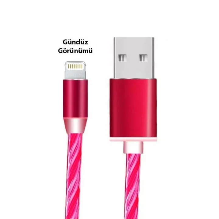 Ga22 i-Phone Lighting Hızlı Şarj Kablosu Matrix LED Işıklı Kablo 8 Pin 5V 3A 1 Metre Kırmızı