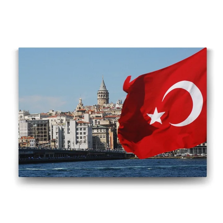 Galata Kulesi Türk Bayrağı Tablosu - 125x80cm