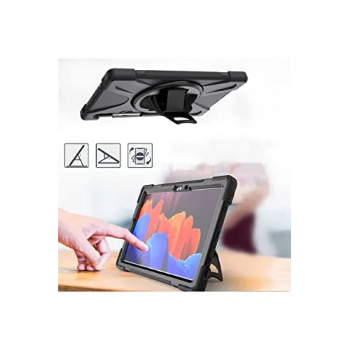 Galaxy Tab S7 Plus T970 ile Uyumlu Omuz Askılı El Kayışı 360 Derece Dönen Stand Tablet Kılıf Siyah