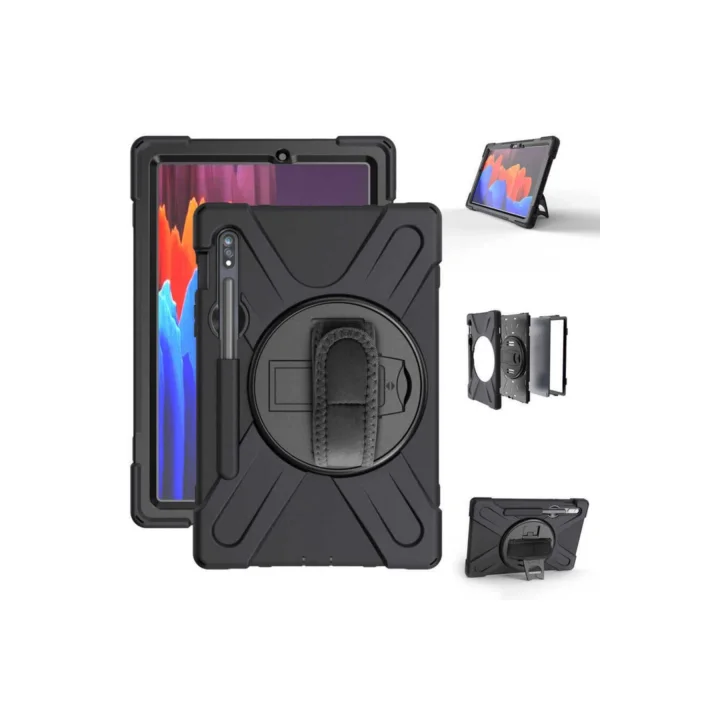 Galaxy Tab S7 Plus T970 ile Uyumlu Omuz Askılı El Kayışı 360 Derece Dönen Stand Tablet Kılıf Siyah