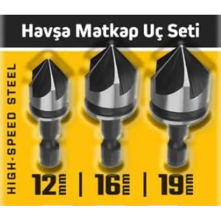 Genel 3 Parça Havşa Matkap Ucu Seti, Çelik, 12mm-16mm-19mm, Phillips Başlı Vidalar için, Standart Yüzey