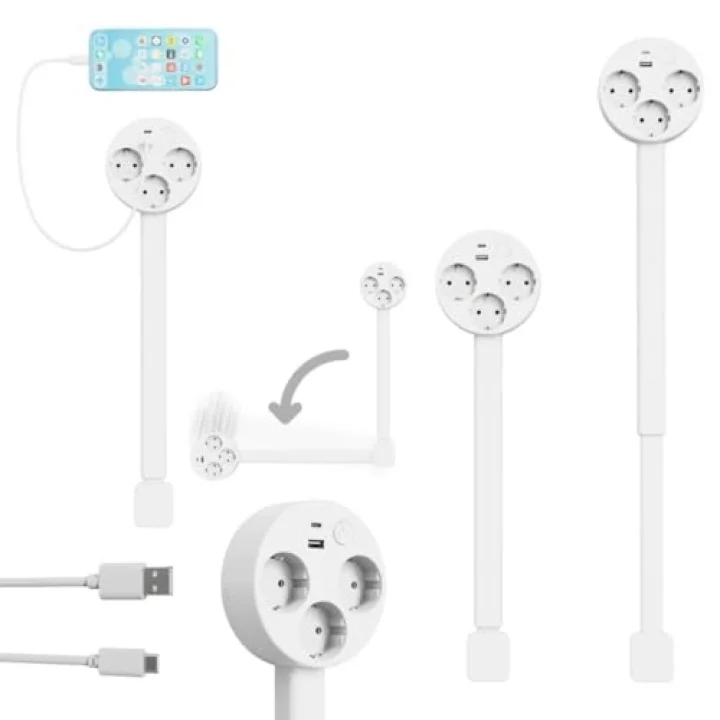 Genişletilebilir Dönen Priz, USB-A ve USB-C Portlu, 3 AC Çıkışlı, 180 Derece Dönebilen, Beyaz, 67cm Uzunluk