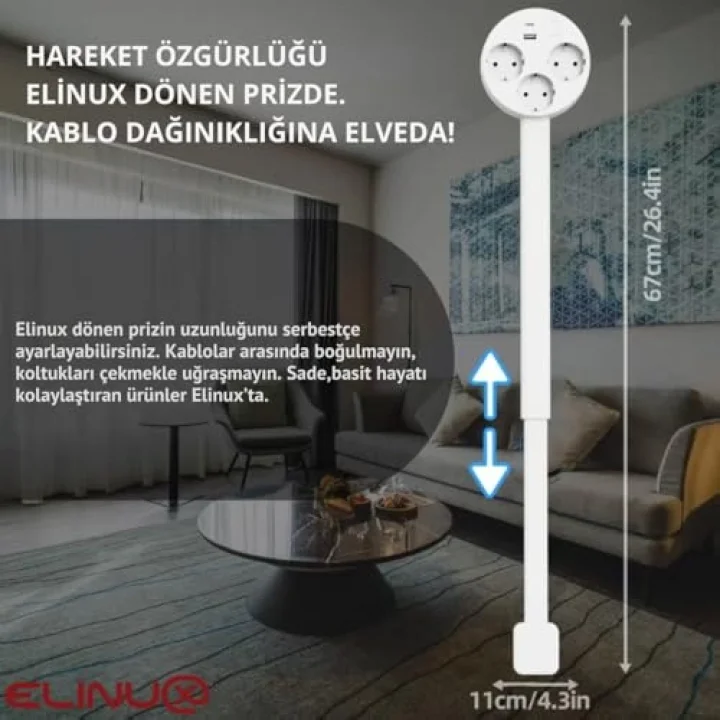 Genişletilebilir Dönen Priz, USB-A ve USB-C Portlu, 3 AC Çıkışlı, 180 Derece Dönebilen, Beyaz, 67cm Uzunluk