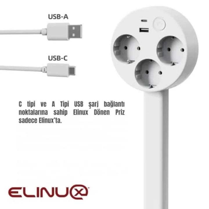 Genişletilebilir Dönen Priz, USB-A ve USB-C Portlu, 3 AC Çıkışlı, 180 Derece Dönebilen, Beyaz, 67cm Uzunluk