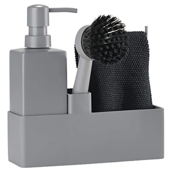 Geschirrspülset, Spülorganizer mit Seifenspender/Spülmittelspender, Spültuch und Spülbürste, 19 x 6 x 20,5 cm, Set mit 4 Teilen, Grau