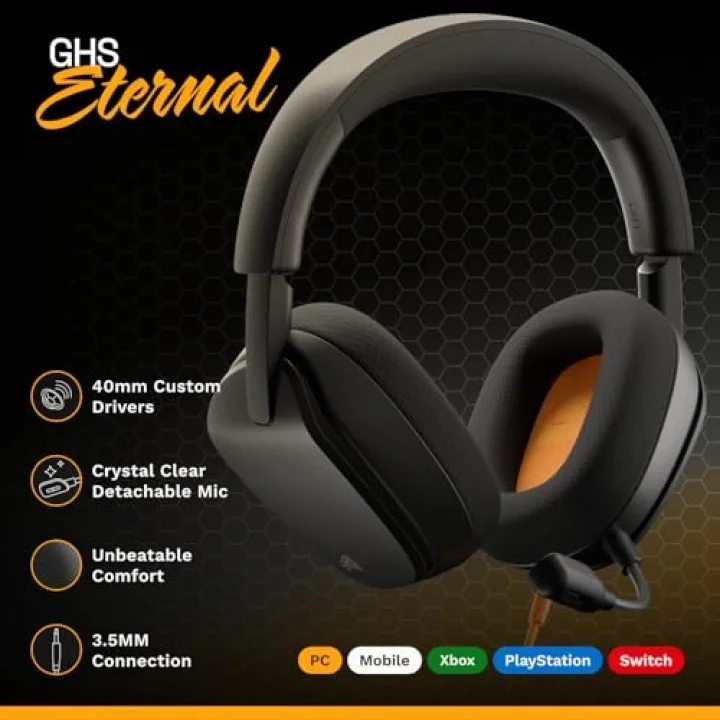 GHS Eternal - PC, PS5, PS4, Xbox, Switch için Stereo Oyun Kulaklığı - Özel Ayarlanmış Açılı Sürücüler, Ayarlanabilir Kristal Netliğinde Çıkarılabilir Mikrofon, 3,5 mm - Dayanıklı, Tüm Gündüz