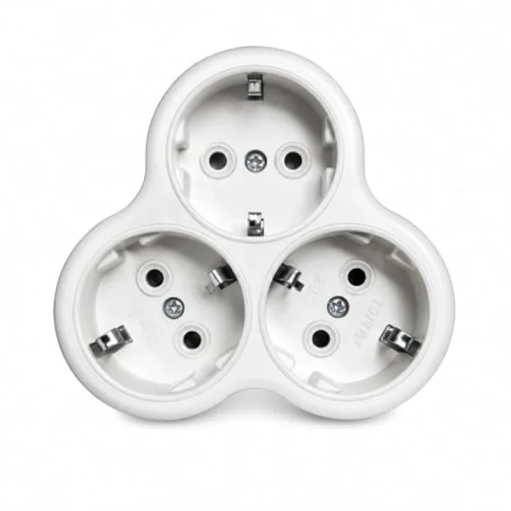 Golyat, Üçlü Topraklı Priz Çoğaltıcı Adaptör, Schuko Tipi,Üçlü Papatya,16A 250V, Beyaz