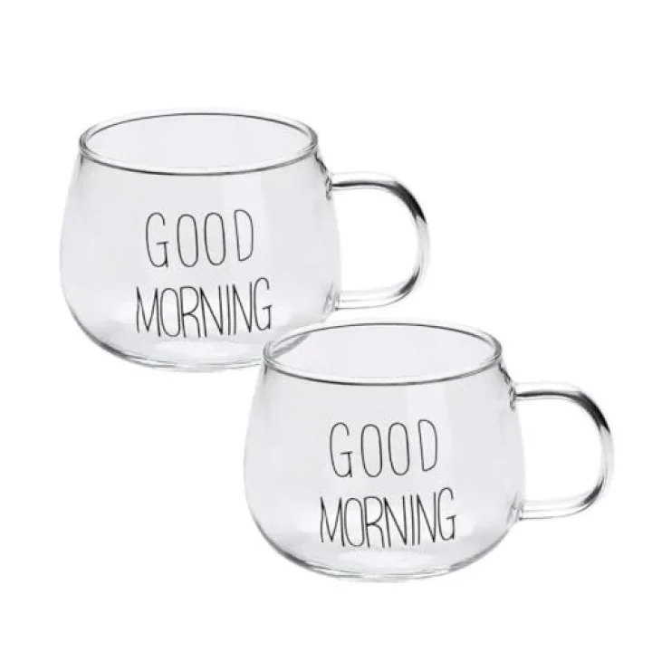 Good Morning Kupa Seti, 2li Şeffaf, Borosilkat Cam, 350ML