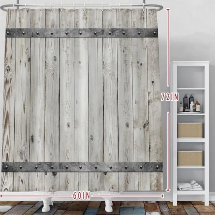Gri Ahşap Ahır Kapısı Duş Perdesi Rustik Çiftlik Evi Retro Kırsal Kapı Mutlu Şükran Günü Paskalya Duş Perdeleri Küvetler için Set Banyo Su Geçirmez Kancalı Kumaş 150 x 182 cm