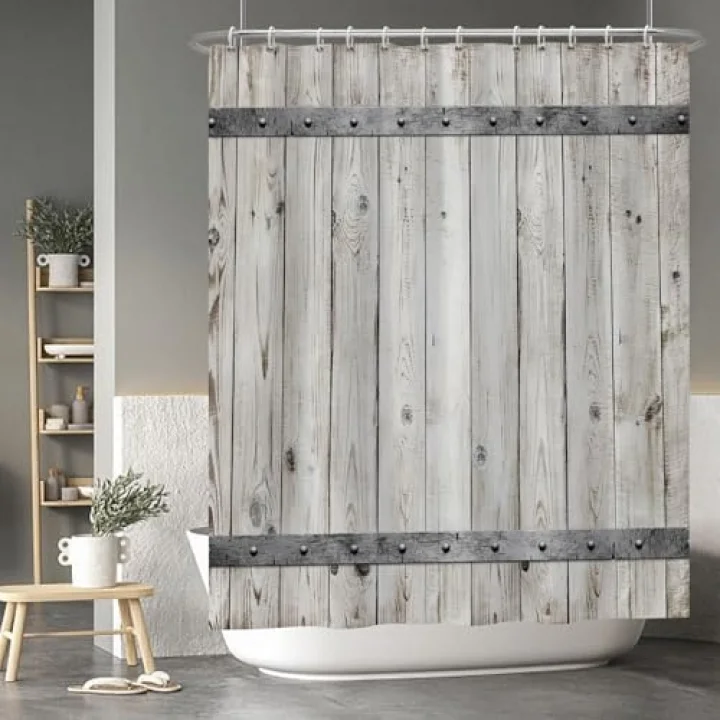 Gri Ahşap Ahır Kapısı Duş Perdesi Rustik Çiftlik Evi Retro Kırsal Kapı Mutlu Şükran Günü Paskalya Duş Perdeleri Küvetler için Set Banyo Su Geçirmez Kancalı Kumaş 150 x 182 cm