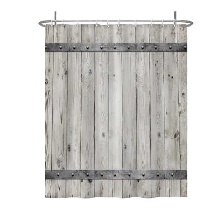 Gri Ahşap Ahır Kapısı Duş Perdesi Rustik Çiftlik Evi Retro Kırsal Kapı Mutlu Şükran Günü Paskalya Duş Perdeleri Küvetler için Set Banyo Su Geçirmez Kancalı Kumaş 150 x 182 cm