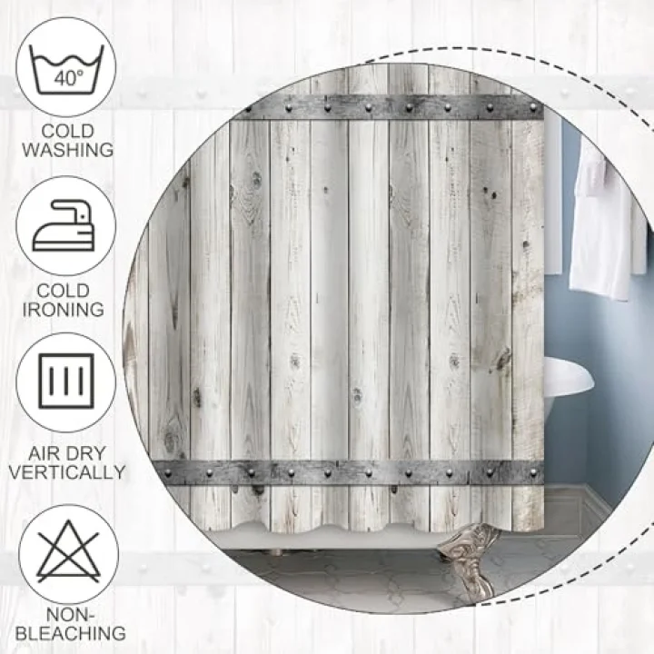 Gri Ahşap Ahır Kapısı Duş Perdesi Rustik Çiftlik Evi Retro Kırsal Kapı Mutlu Şükran Günü Paskalya Duş Perdeleri Küvetler için Set Banyo Su Geçirmez Kancalı Kumaş 150 x 182 cm