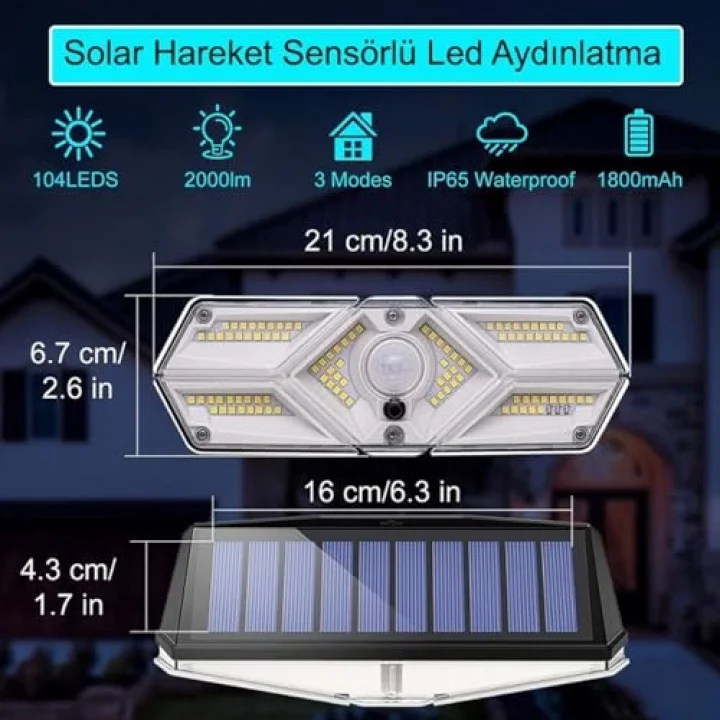 Güneş Enerjili Hareket Sensörlü, 6 Taraflı 104 Led Aydınlatma/GT-SL13