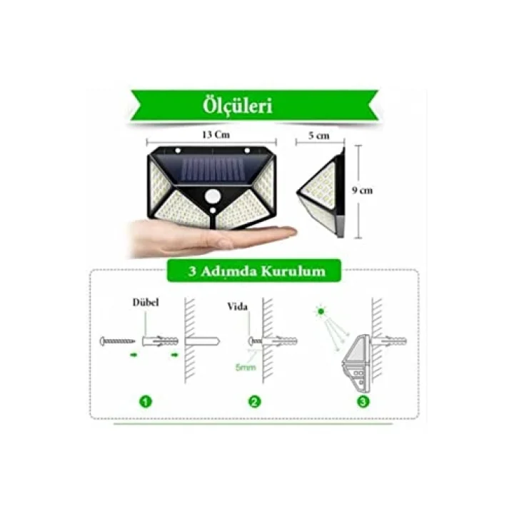 Güneş Enerjili Lamba Led Sokak Dış Ortam Solar Bahçe Aydınlatması Su Geçirmez Sensörlü (100 Led)