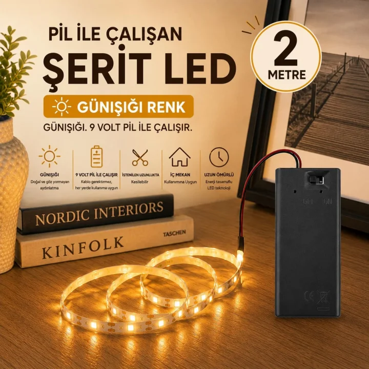 Günışığı Renk Pil Ile Çalışan Şerit Led 2 Metre Pilli Şerit Led (PİL DAHİL)