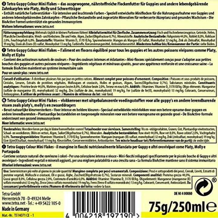 Guppy Color, birinci sınıf pul gıda 250ml