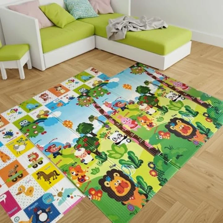 Happy Jungle Çift Taraflı Katlanabilir Oyun Halısı ve Matı Premium Seri – Taşıma Çantalı (180X120)