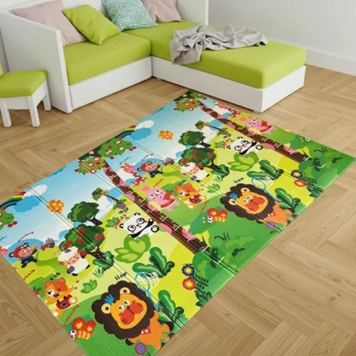Happy Jungle Çift Taraflı Katlanabilir Oyun Halısı ve Matı Premium Seri – Taşıma Çantalı (180X120)