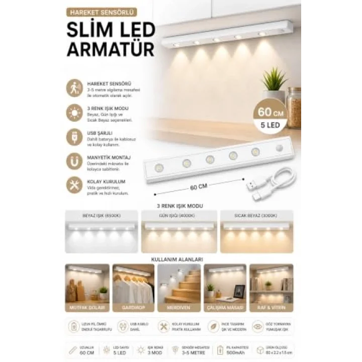 Hareket Sensörlü Slim Led Kabin Armatürü Dekoratif Dim Edilebilir Usb Şarjlı Aydınlatma (Beyaz, 60 CM)