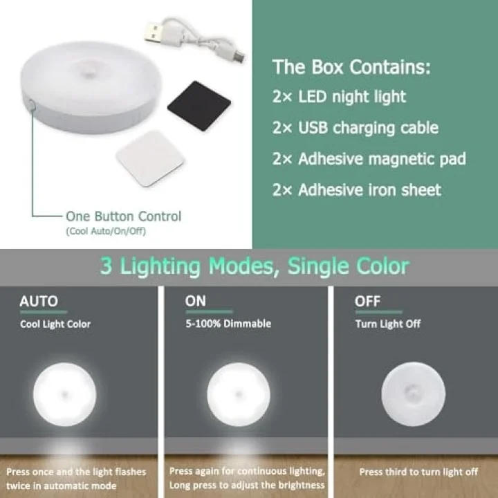 Hareket Sensörü Gece Lambası USB Şarj Edilebilir, Soğuk Beyaz ve Kısılabilir, 10 LED, Manyetik Gece Lambası, Dolap Merdivenleri Koridor Banyo için Hareket Sensörü Işığı, 3 adet
