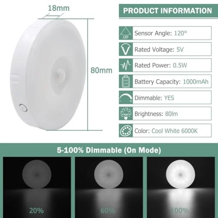 Hareket Sensörü Gece Lambası USB Şarj Edilebilir, Soğuk Beyaz ve Kısılabilir, 10 LED, Manyetik Gece Lambası, Dolap Merdivenleri Koridor Banyo için Hareket Sensörü Işığı, 3 adet