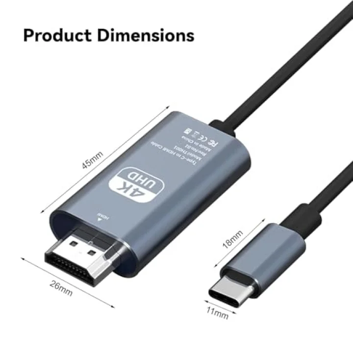 HDMI Çevirici USB C HDMI 4K 60Hz HDMI, 200cm USB C HDMI Adaptör USB C HDMI Uyumlu Thunderbolt Type-C to HDMI 2 Metre Kablo Uzunluğu ZR854