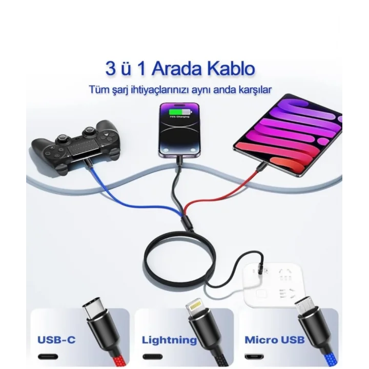 Hızlı Şarj ve Data Aktarım Kablosu, 60W - 3A USB A, Type C (Usb c), Micro USB, Lightning Uyumlu 3 ü 1 Arada Çoklu Kablo
