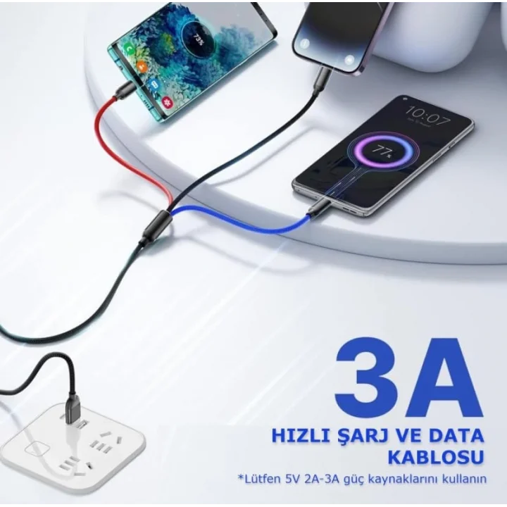 Hızlı Şarj ve Data Aktarım Kablosu, 60W - 3A USB A, Type C (Usb c), Micro USB, Lightning Uyumlu 3 ü 1 Arada Çoklu Kablo