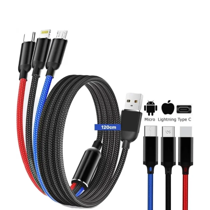 Hızlı Şarj ve Data Aktarım Kablosu, 60W - 3A USB A, Type C (Usb c), Micro USB, Lightning Uyumlu 3 ü 1 Arada Çoklu Kablo