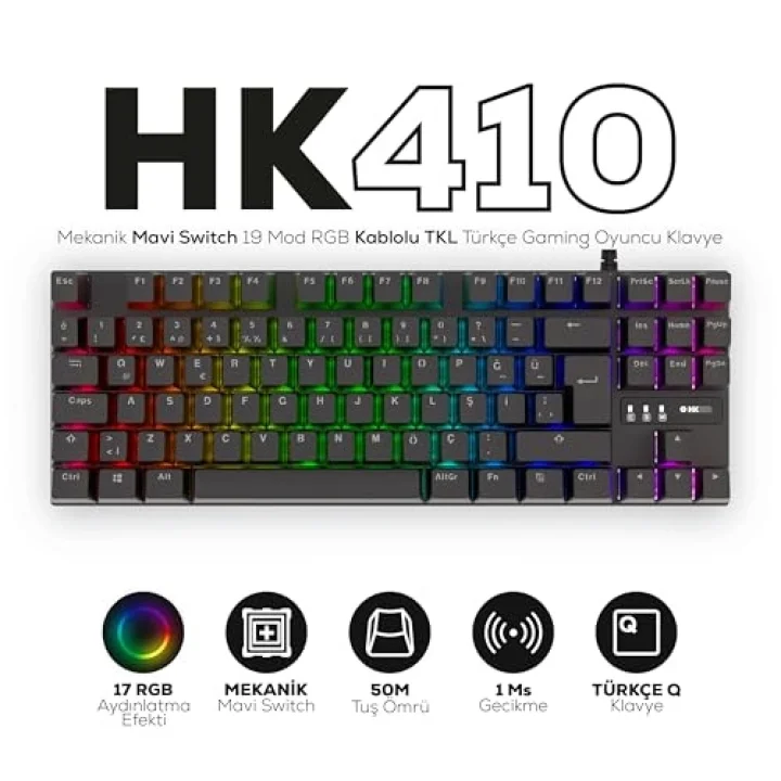 HK410 Mekanik Switch 19 Mod RGB Kablolu Siyah TKL Türkçe Gaming Klavye (Mavi Switch)