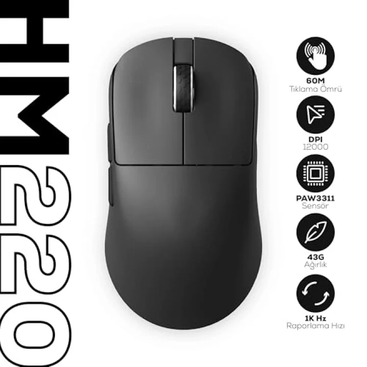 HM220 1K Hz 12000 DPI Tri-Mode Kablosuz/Bluetooth Gaming Mouse (Siyah)