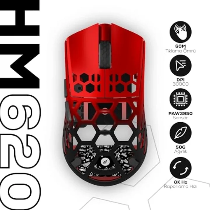 HM620 8K Hz 30000 DPI Tri-Mode Kablosuz/Bluetooth Siyah Kırmızı Gaming Mouse