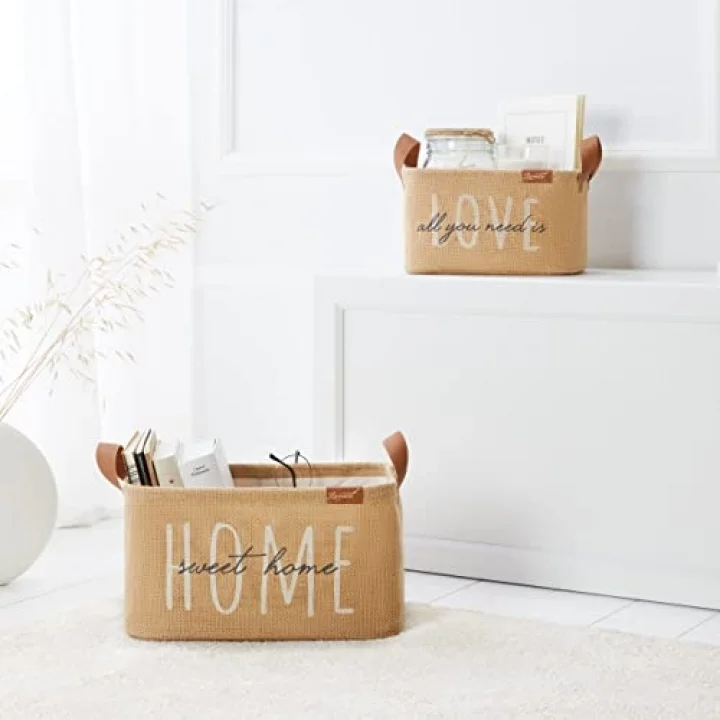 Home Sweet Home Baskılı Dikdörtgen Jüt Sepet //30x21x18