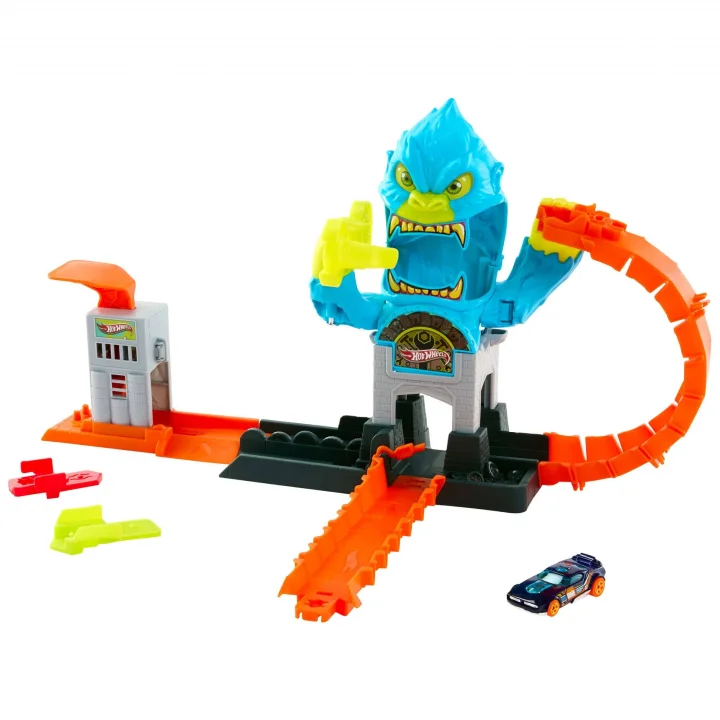 Hot Wheels Oyuncak araba izleme seti, şehir oyuncak seti, devasa goril saldırısı ve 1:64 ölçeğinde araç, rakiplerle meydan okumak için çoklu oyun imkanı, JHL92