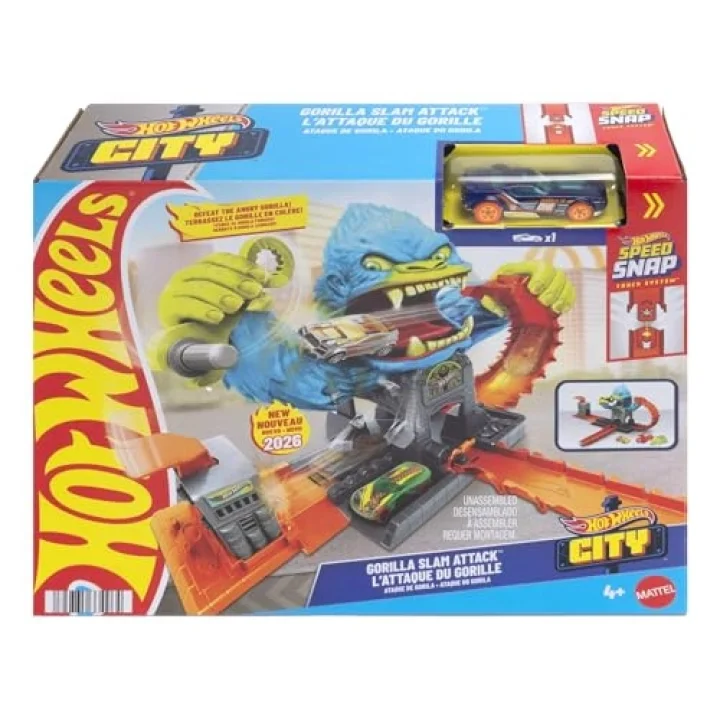 Hot Wheels Oyuncak araba izleme seti, şehir oyuncak seti, devasa goril saldırısı ve 1:64 ölçeğinde araç, rakiplerle meydan okumak için çoklu oyun imkanı, JHL92