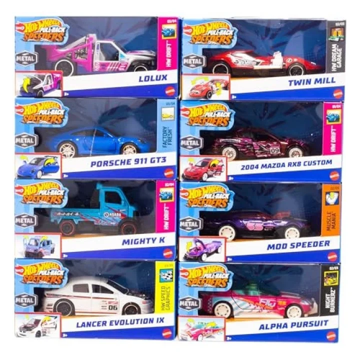 Hot Wheels Pull-Back Speeders oyuncak araba, 1:43 ölçeğinde, geri çekilip bırakmak için araba, Rolomatic motor veya kapı, bagaj veya motor kaputu ile açılabilir, modeller değişebilir, HPR70