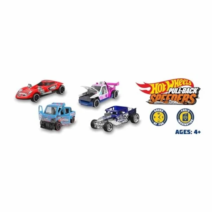 Hot Wheels Pull-Back Speeders oyuncak araba, 1:43 ölçeğinde, geri çekilip bırakmak için araba, Rolomatic motor veya kapı, bagaj veya motor kaputu ile açılabilir, modeller değişebilir, HPR70