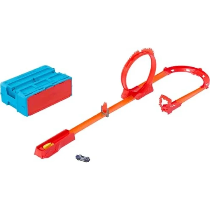 Hot Wheels Track Builder Alev Temalı Akrobasi Seti ve 1 adet araba, birleştirilebilir oyuncak saklama kutusunda 16 adet pist oluşturma ve akrobasi parçası, HMC04