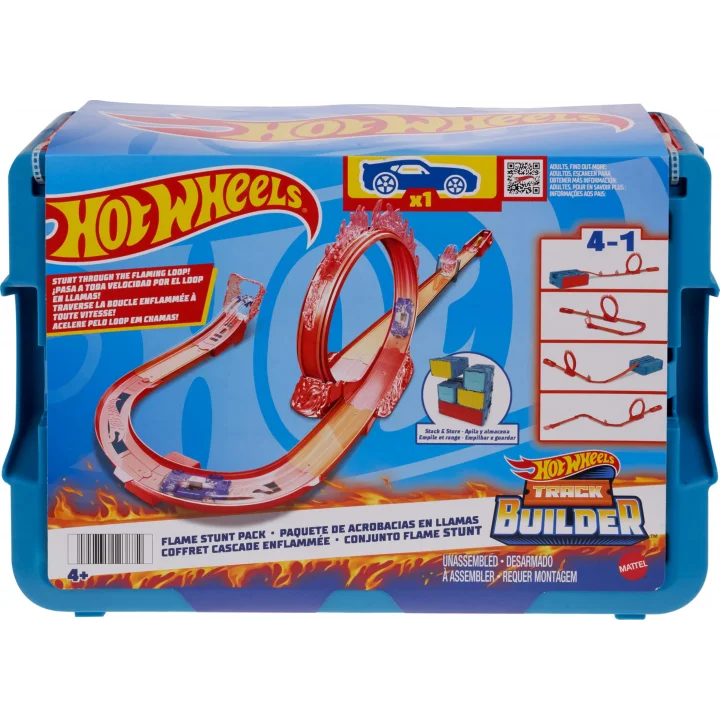 Hot Wheels Track Builder Alev Temalı Akrobasi Seti ve 1 adet araba, birleştirilebilir oyuncak saklama kutusunda 16 adet pist oluşturma ve akrobasi parçası, HMC04