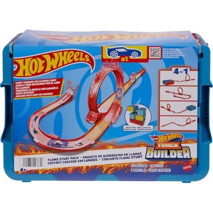 Hot Wheels Track Builder Alev Temalı Akrobasi Seti ve 1 adet araba, birleştirilebilir oyuncak saklama kutusunda 16 adet pist oluşturma ve akrobasi parçası, HMC04