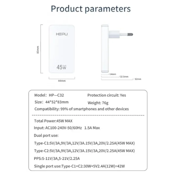 HP-C35 45 Watt GaN Şarj Adaptörü 100 Cm Kablo 2-Port Fast Charger Hızlı Şarj Seti Type-C Kablo Dahildir Quick Charge 3.0